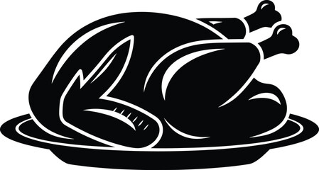 Roasted poultry silhouette—black and white vector of turkey or chicken on platter with upward legs