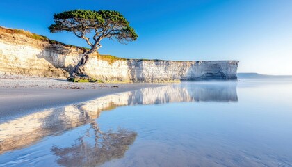 A lone tree stands on a cliff overlooking a beach. The tree's reflection is visible in the calm water. The scene is bathed in sunlight.