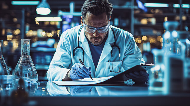 Doctor in a pristine lab coat diligently writing notes on clipboard, surrounded by glassware and equipment, creating a professional atmosphere for health and research