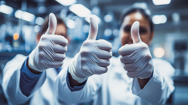 A diverse team of scientists in lab coats enthusiastically giving thumbs up in a well-lit laboratory, emphasizing collaboration in health and disease prevention research - Powered by Adobe
