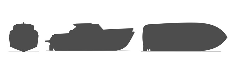 CAD Drawings. Boat silhouette &mdash; front view, side view, and top view isolated on white background. Vector illustration.