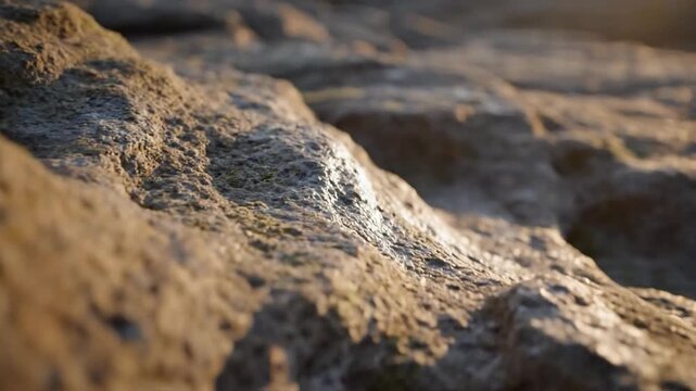 Closeup of textured rock surface with moss and warm golden hour sunlight