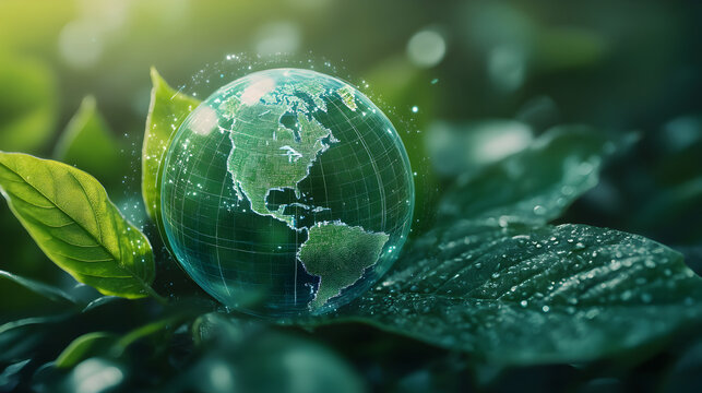 Glowing digital earth sphere resting on lush green plant leaf - Powered by Adobe