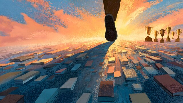 A determined step forward on a path paved with knowledge, leading towards a radiant sunset and the ultimate rewards of success and achievement