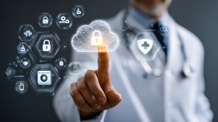 Healthcare expert in lab coat engages with digital cloud interface, highlighting secure data management and disease prevention strategies in a contemporary medical setting