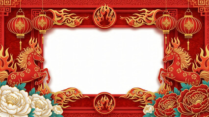 vibrant red and gold Chinese New Year frame with fire horse motifs