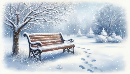Winter wonderland scene with snow covered bench and trees in a peaceful park landscape artwork image