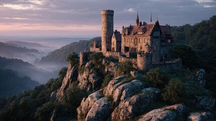 A majestic medieval castle exterior at sunrise perched on a misty cliff epic fantasy style dramatic lighting