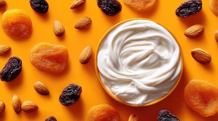 Creamy yogurt served with dried fruits and nuts creates a delicious and healthy snack option on a vibrant orange background