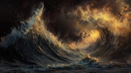 Dramatic Ocean Wave with Stormy Sky and Golden Light.