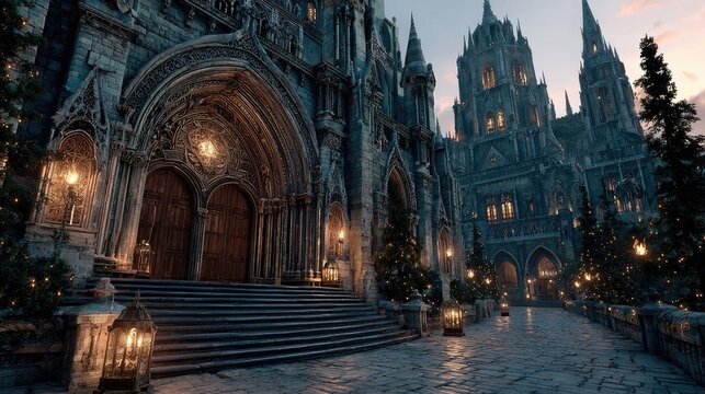 A grand medieval temple exterior at sunrise dramatic lighting and intricate stone carvings epic fantasy style