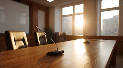 A sunlit empty boardroom with polished wooden table leather chairs and microphones evoking professional atmosphere