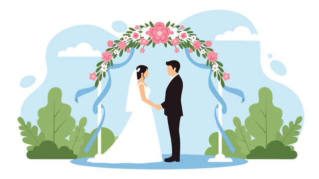 Modern flat wedding illustration of a bride and groom standing under a decorated floral arch holding hands, ideal for romantic invitations, celebration prints, and love themes - Powered by Adobe