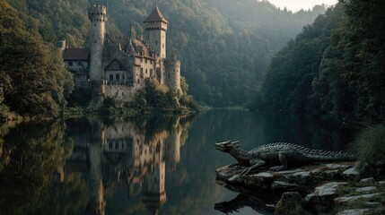 Medieval castle and dragon reflected in lake twilight lighting misty forest background calm composition fantasy realism photo style