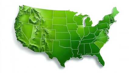 United states map showing states with green texture variation representing environmental data or economic growth