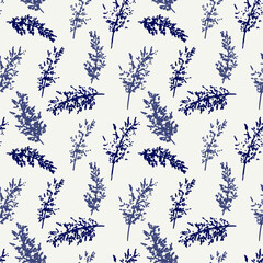Seamless vector pattern featuring scattered botanical stems in deep navy and soft blue tones on a light background, creating a clean, elegant and nature inspired decorative design
