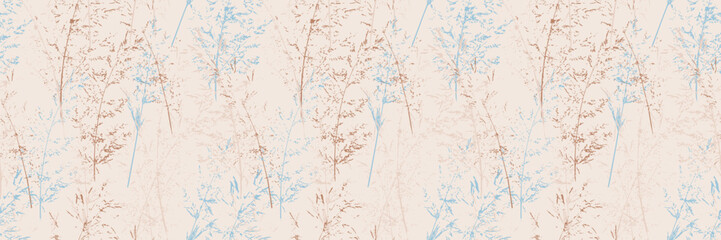 Seamless vector pattern with delicate abstract botanical stems in soft beige, brown and light blue tones on a cream background, creating an airy, elegant and nature inspired decorative design