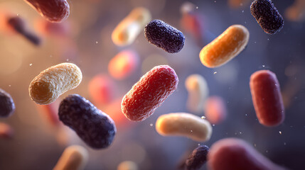 Microscopic representation of diverse bacteria and viruses suspended in a dark background, showcasing the intricate details of microorganisms and their role in health