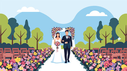 Modern flat illustration of an outdoor garden wedding with couple walking the aisle, ideal for nature-inspired romance themes and event branding