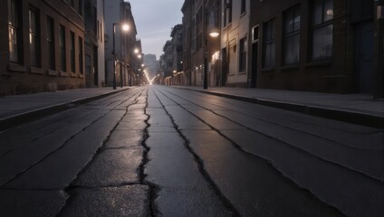 Empty City Street at Dusk with Wet Pavement Reflecting Lights.
