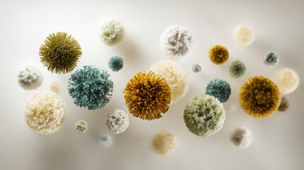 Abstract illustration featuring diverse spherical microorganisms in vibrant colors, floating in a soft background, symbolizing the concept of disease and health in a creative way