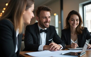 successful business partners coworking in office, caucasian leaders in tuxedo gathered for developing business projects and ideas, frinedly business team at meeting. High quality