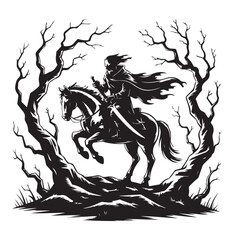 Dark Horseman Black Silhouette Clip art, Gothic Rider in Haunted Forest Vector Art.