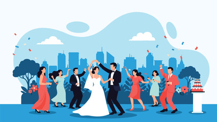 Obraz premium Flat vector scene of bride, groom, and guests dancing at reception under lights and decor, perfect for celebration storytelling illustrations