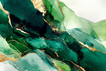 Abstract green watercolor illustration with gold accents and flowing organic shapes
