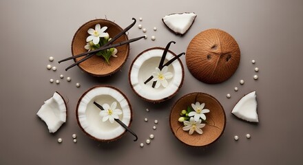 Obraz premium Coconuts, vanilla beans, and white flowers arranged artfully on a brown background.