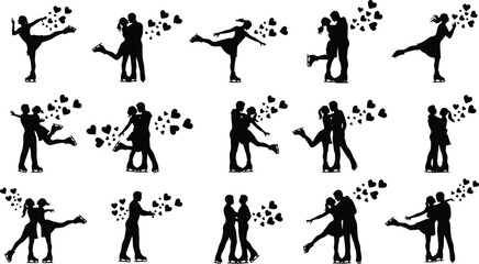 Charming ice skating couples silhouettes dancing with love hearts, perfect for Valentine's Day designs and romantic event promotions
