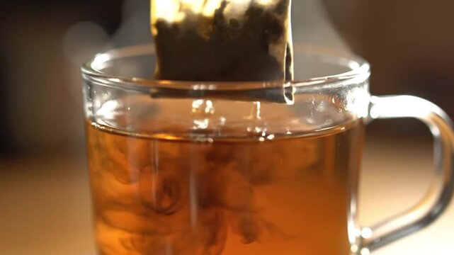 Close up of a tea bag steeping in hot water inside a clear glass mug with steam rising