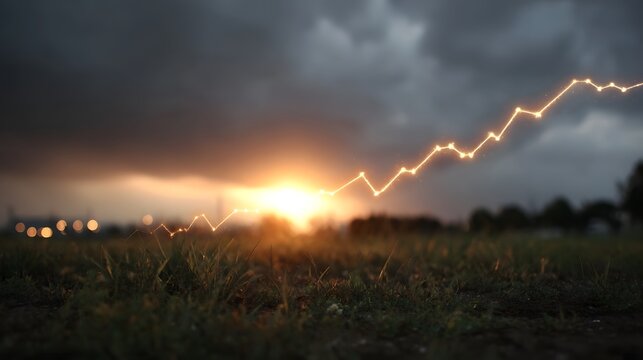 Glowing growth chart symbolizes success over a dramatic sunset landscape
