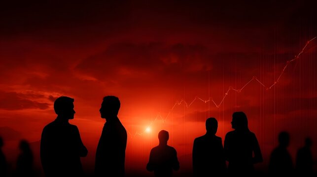 Silhouettes of professionals against a dramatic red sunset overlaid with a growth trend graph