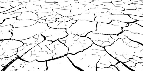 Minimalist cracked earth texture in black and white, featuring dried soil patterns with bold contrast. High-resolution abstract background ideal for environmental, nature, and design themes.