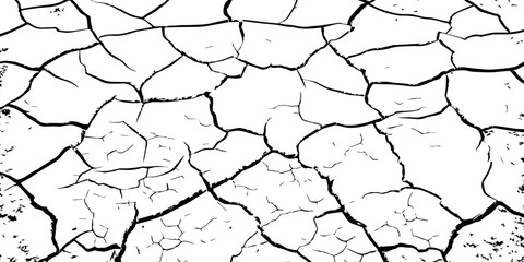 Minimalist cracked earth texture in black and white, featuring dried soil patterns with bold contrast. High-resolution abstract background ideal for environmental, nature, and design themes.