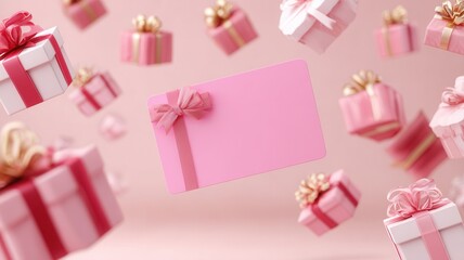 Pink gift card or voucher with big ribbon bow and many flying presents for loyalty program or special event