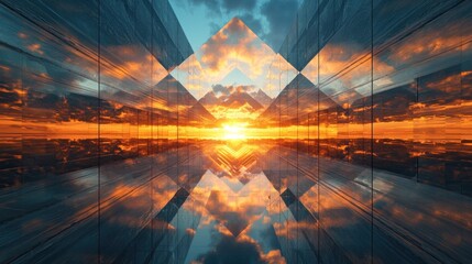 Abstract Sunset Reflection in Geometric Shapes - A Mesmerizing Visual Experience.