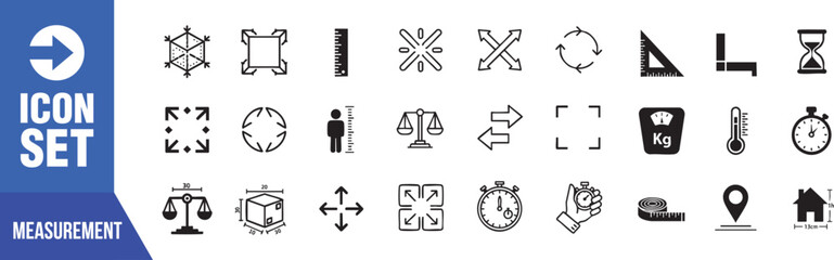 Comprehensive measurement icon set for professional use, including scale, ruler, and timer, perfect for design projects needing precision and accurate tools in scalable vector art