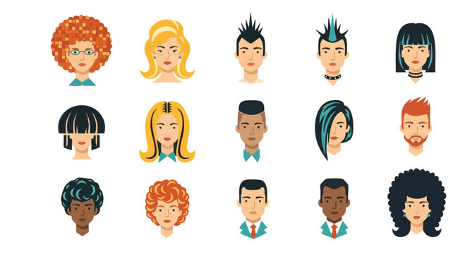 Diverse Character Faces Cartoon Avatars with Varied Hairstyles