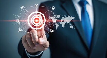 Businessman interacting with a futuristic digital interface showing global network connections and a central target.