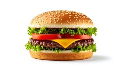 Delicious burger with sesame seed bun, lettuce, tomato, cheese, and a juicy patty