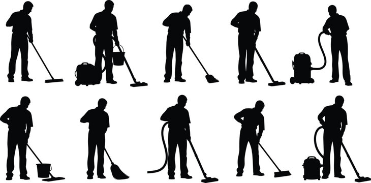 Silhouetted cleaner diligently sweeping & vacuuming floors - perfect for illustrating cleaning services, janitorial work, or home maintenance themes