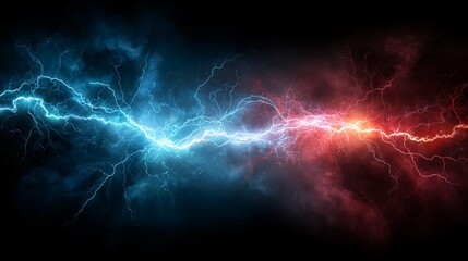 Dramatic lightning strike with red and blue energy powerful electrical discharge illustration on a dark background representing force and nature