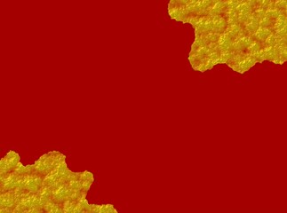 A bold red background with irregular golden textured shapes on the edges, creating a strong contrast and an abstract, organic visual effect.