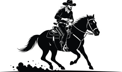 Cowboy riding galloping horse silhouette—vector of Western motion with reins, saddle, dust trail, and flowing mane  © Vex flow