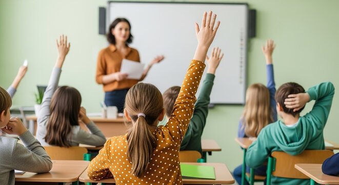 Students with raised hands in a classroom during a lesson with their female teacher.