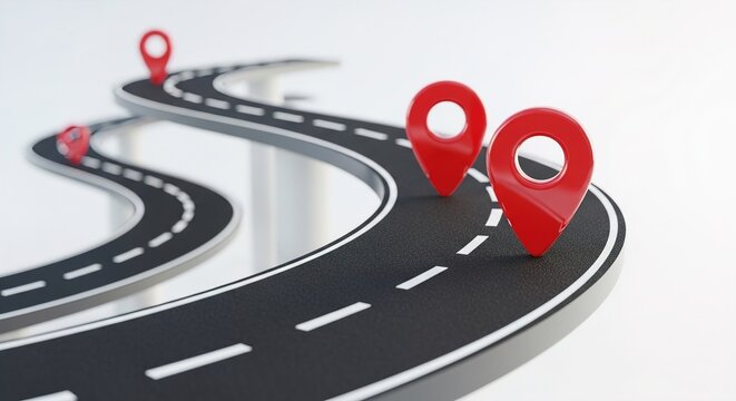 Winding road with red location pins marking a route or journey.