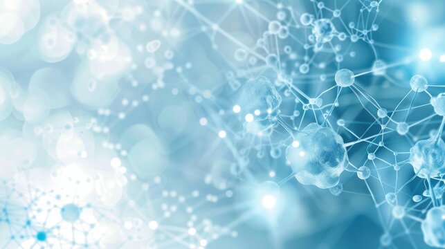 Interconnectedness Molecular Network on Blue Bokeh Background - Powered by Adobe