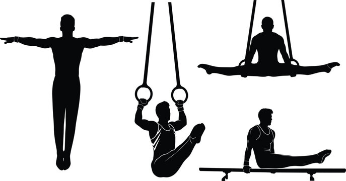 Male gymnast silhouette pack&mdash;vector of four apparatus poses including rings, pommel horse, and standing posture